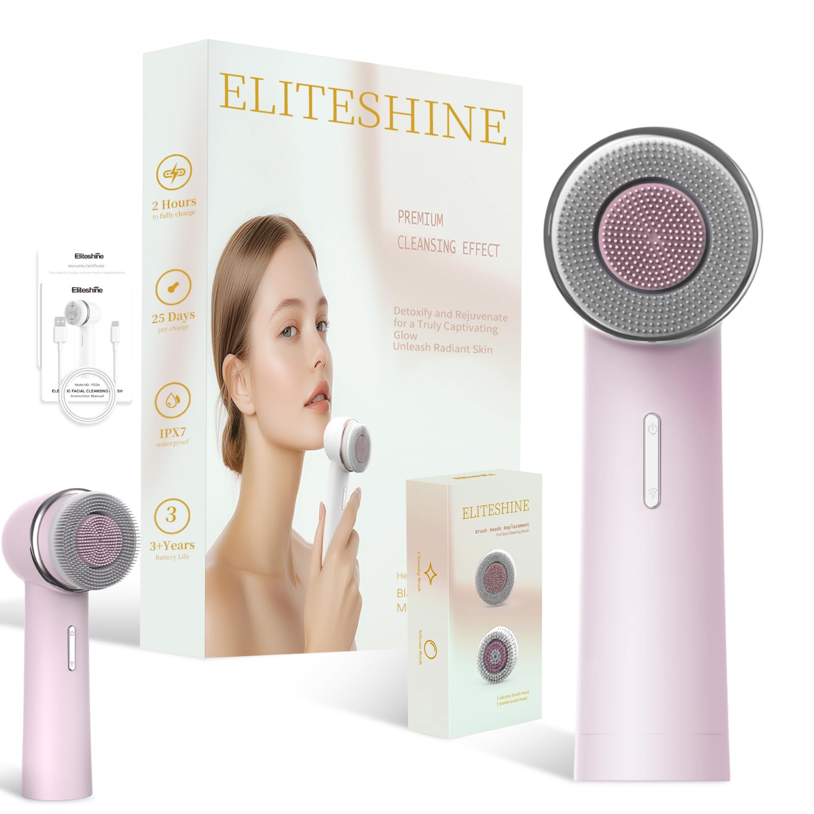 Eliteshine Electric Facial Cleansing Brush with Dual-Rotating Silicone and Bristle Brushheads,Electric Silicone Face Scrubber Exfoliator,Face