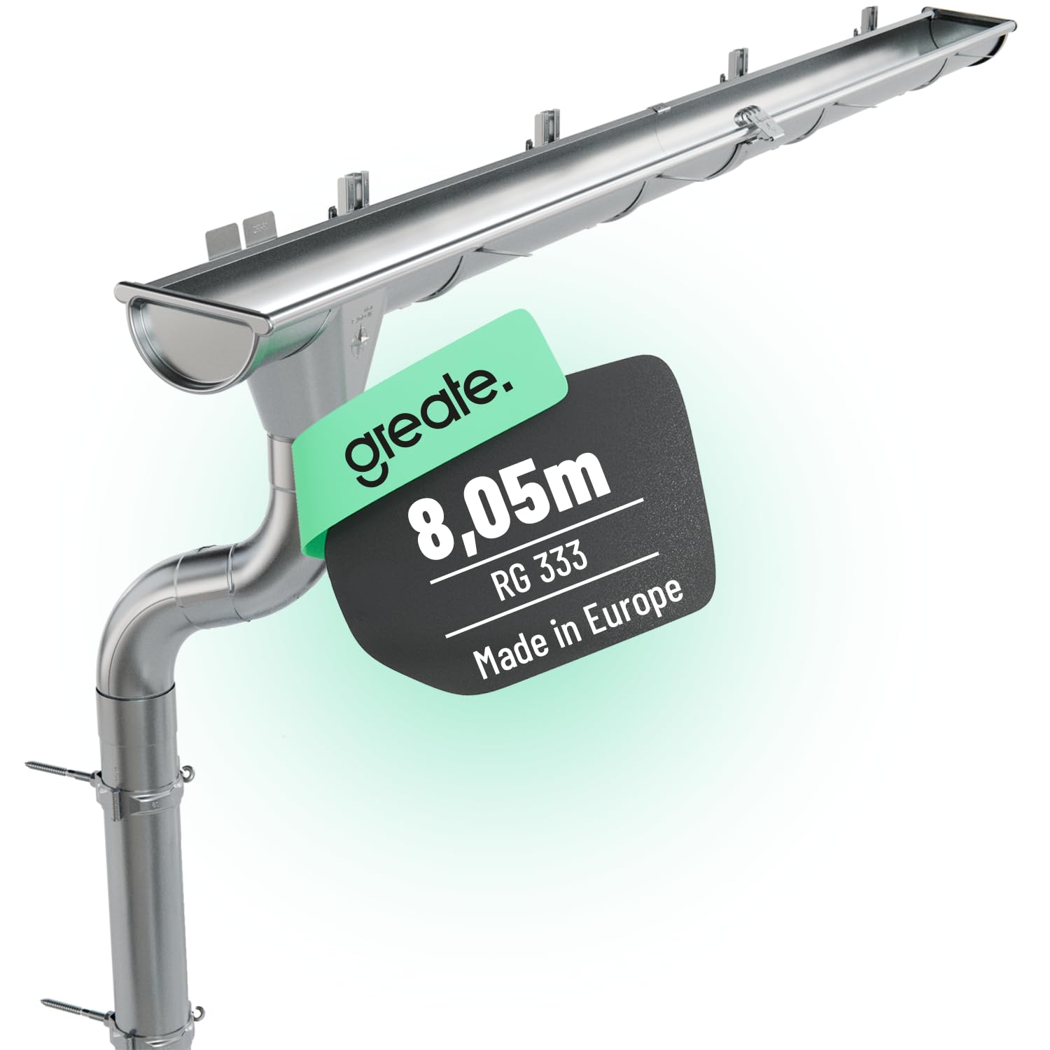 greate 8,05 Meter Dachrinnen Set mit Fallrohr verzinkt - 333 Nenngröße | Regenrinne Set mit einfacher Montage inkl. Montageanleitung - Zink Dachrinne Gartenhaus, Carport uvm - Dachrinnenset