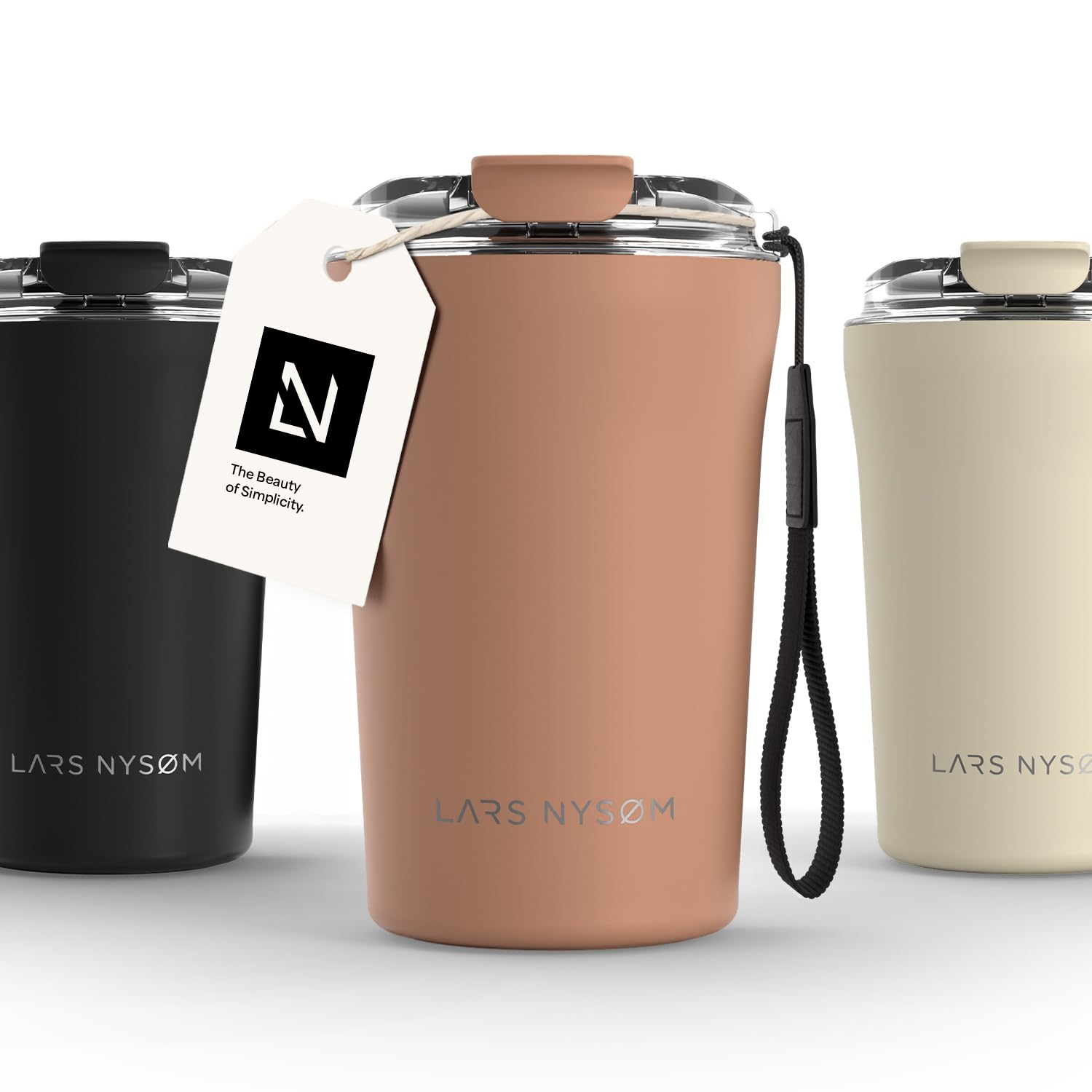 LARS NYSØM Thermo Coffee Mug to go with Strap 13oz | Travel Mug 0.38 Liter with Insulation | Leak Proof Stainless Steel Thermal Tumbler for Coffee and Tea to Go (Blush Rose, 12.9oz)