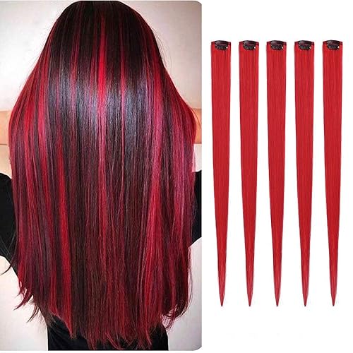 5 extensiones de cabello rojo con clip, 100% cabello humano de 18 pulgadas, extensiones de clip para fiestas, para mujeres, niños y niñas
