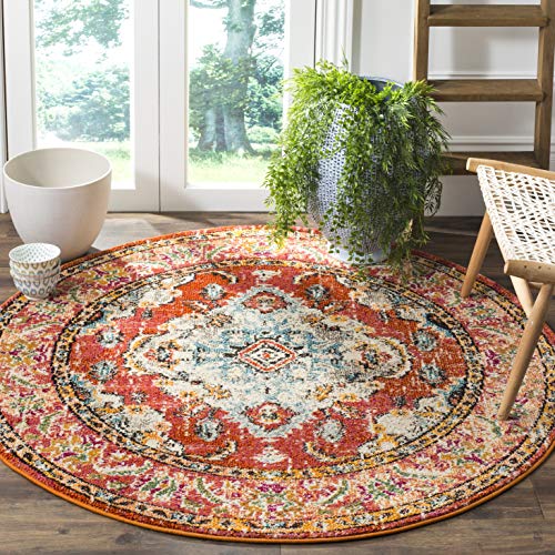 SAFAVIEH Monaco Collection Area Rug - 5' Round, Orange & Light Blue, Boho Chic Medallion Distressed Design, Non-Shedding & Easy Care, Ideal for High Traffic Areas in Living Room, Bedroom (MNC243H)