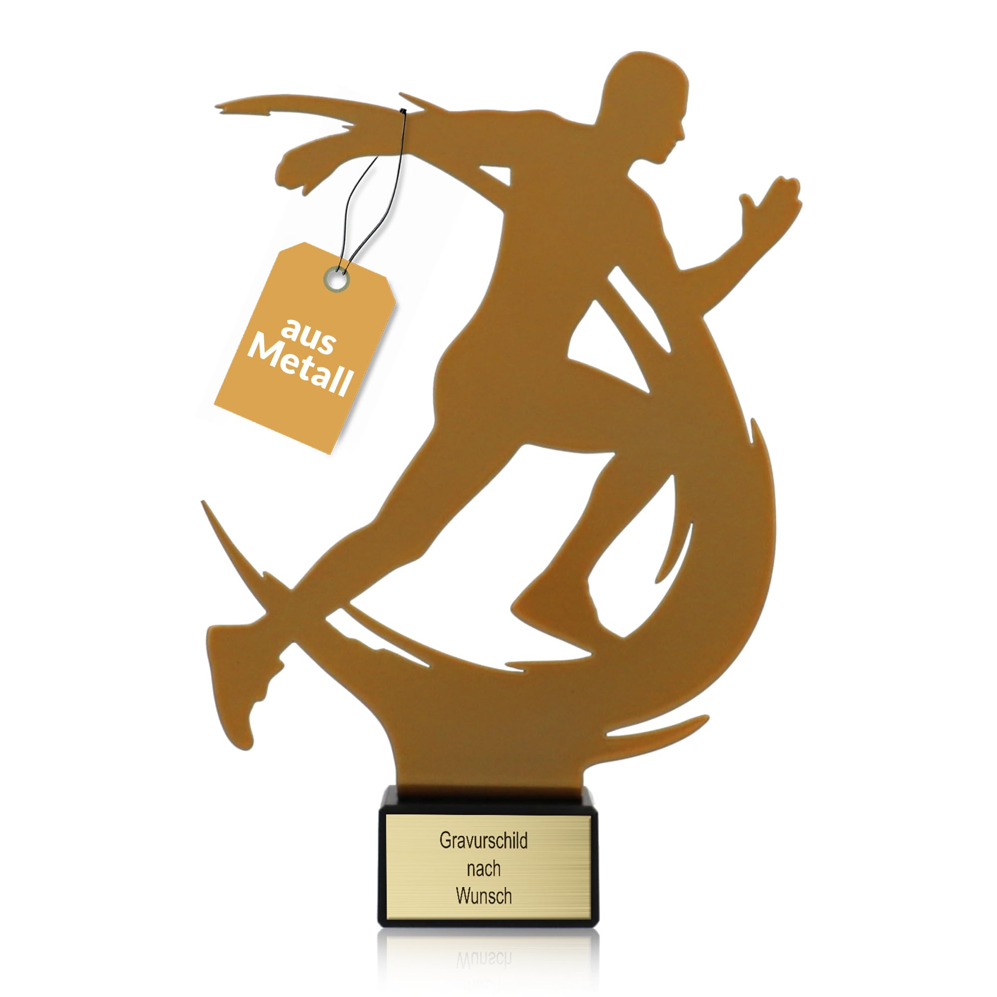 Goldene/r Läufer/in Pokal 21 cm aus Metall mit Gravur - Marathon Geschenk-Trophäe mit Metallsilhouette & Steinsockel - Personalisiertes Geschenk - Wanderpokal Laufen | Joggen