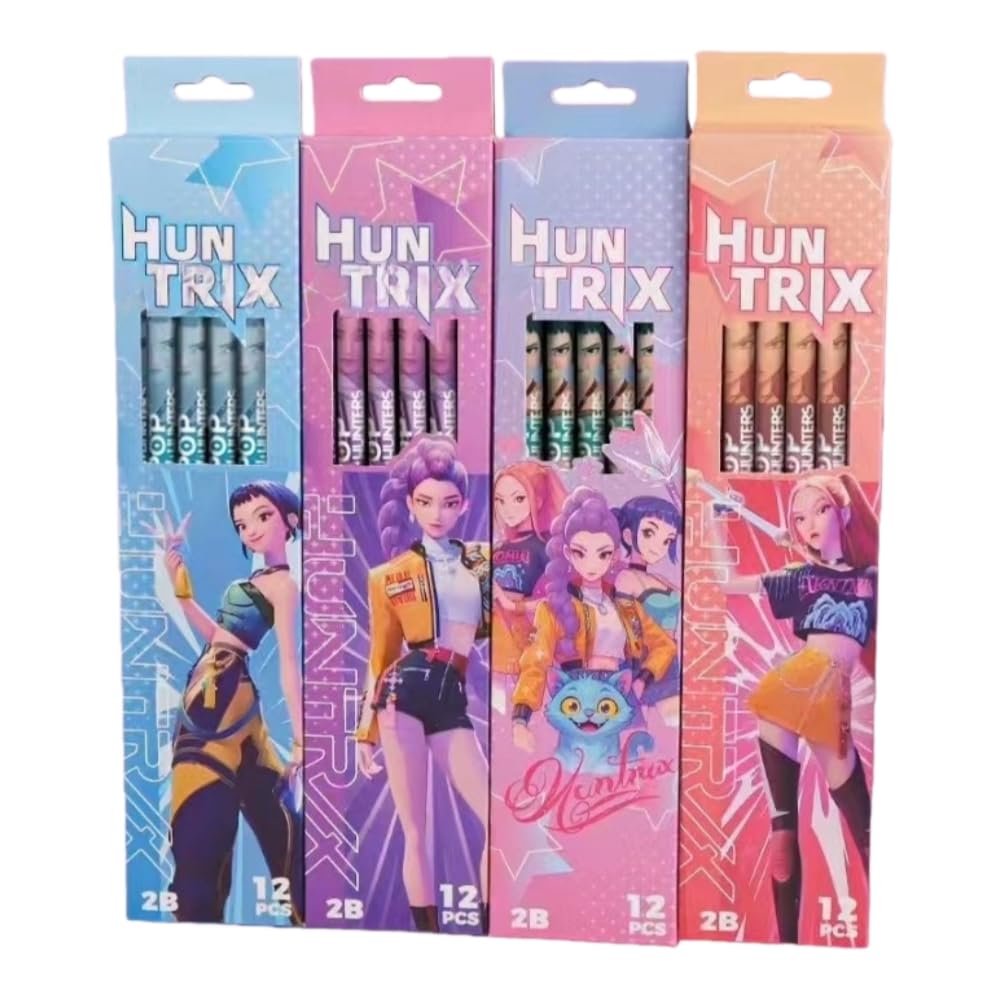 FASHION YO Pack of 12 Princess HB Pencils with erasers Kids Children Party Bag Fillers School Office (KPOP 01 (Different colour boxes Random shipping))