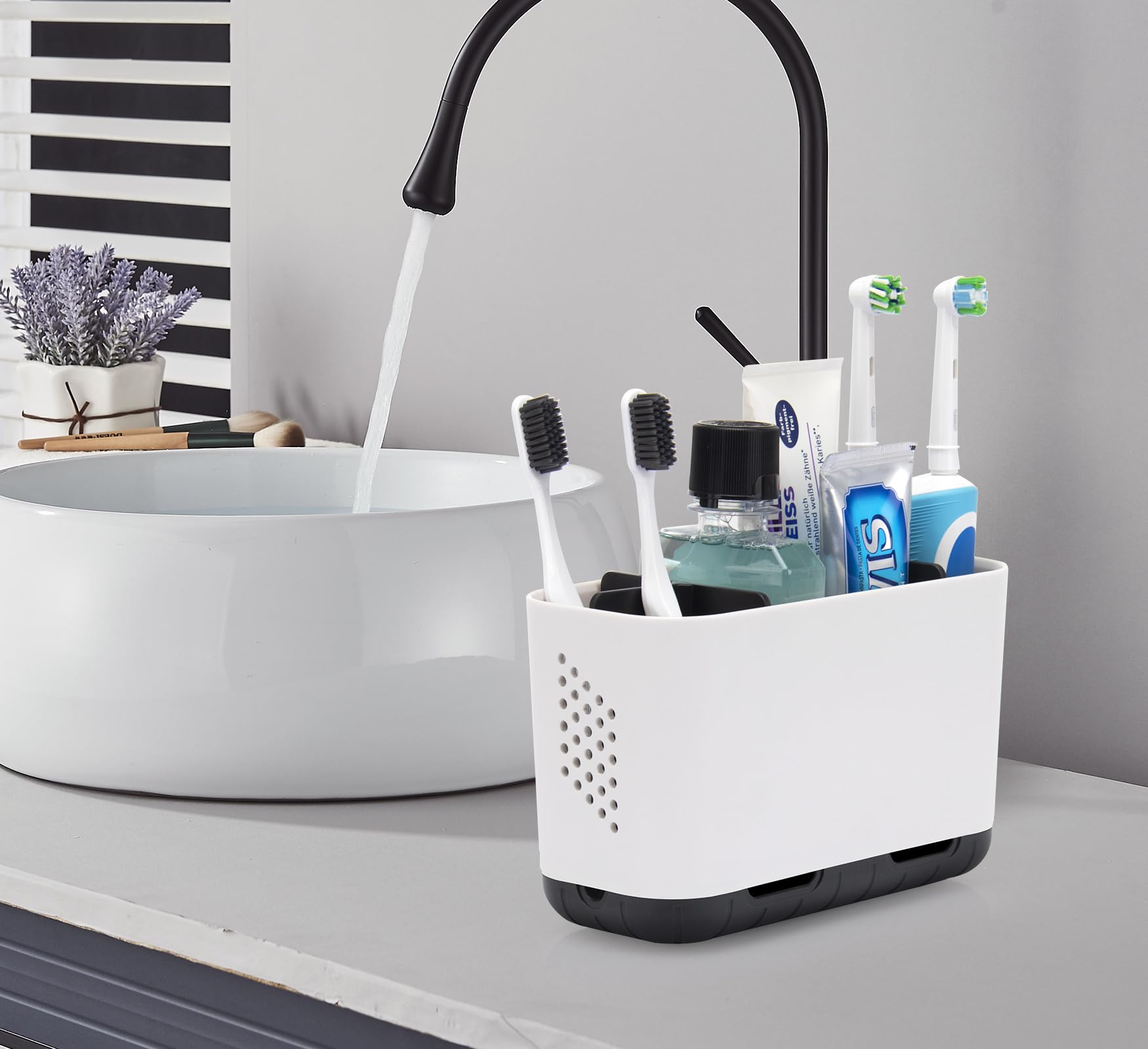 LAFARA Toothbrush Holders for Bathrooms, Electric Toothbrush and Toothpaste Holder with Adjustable Dividers and Drainage, Kids Toothbrush Organizer for Bathroom Countertop