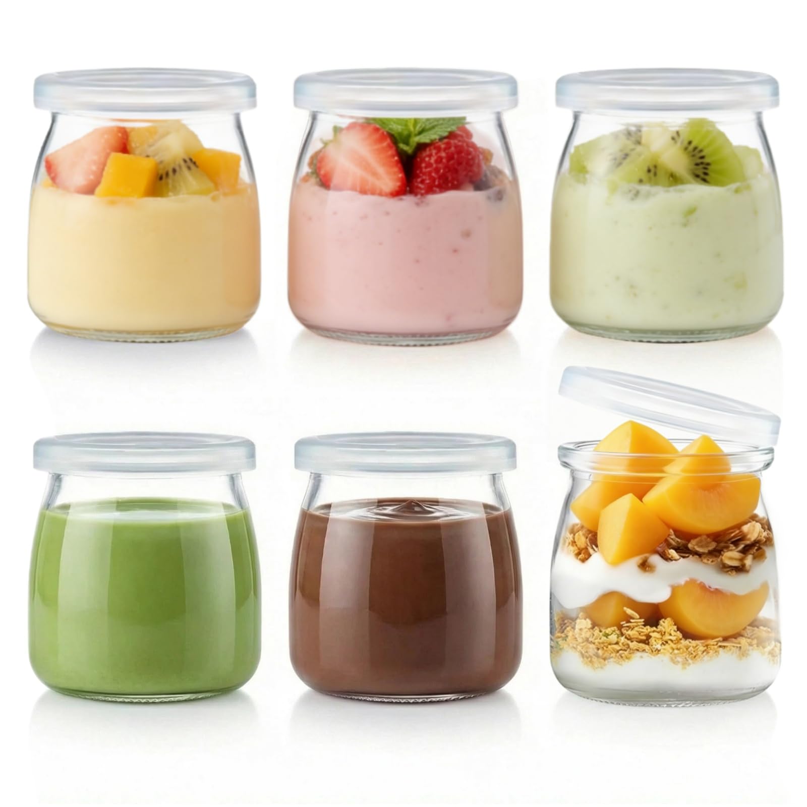 Siocok 6Pcs 200Ml Pudding Glass Bottle,Yogurt Glass Jars With Plastic Lids, Small Glass Bottles, For Yogurt Making,Milk,Jams,Jelly,Pudding,Mousse