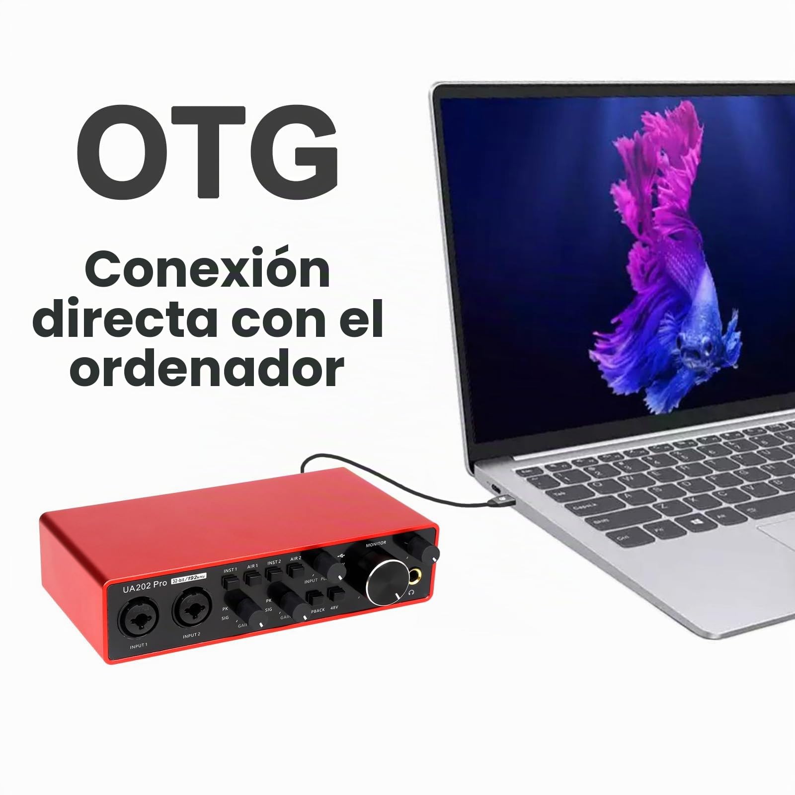 USB Interfaz de Audio para Ordenador Grabación de Música (Rojo), 2 Canales de Guitarra Interfaz de Audio, 32Bit/192kHz Podcasting Streaming con 48V Phantom Power