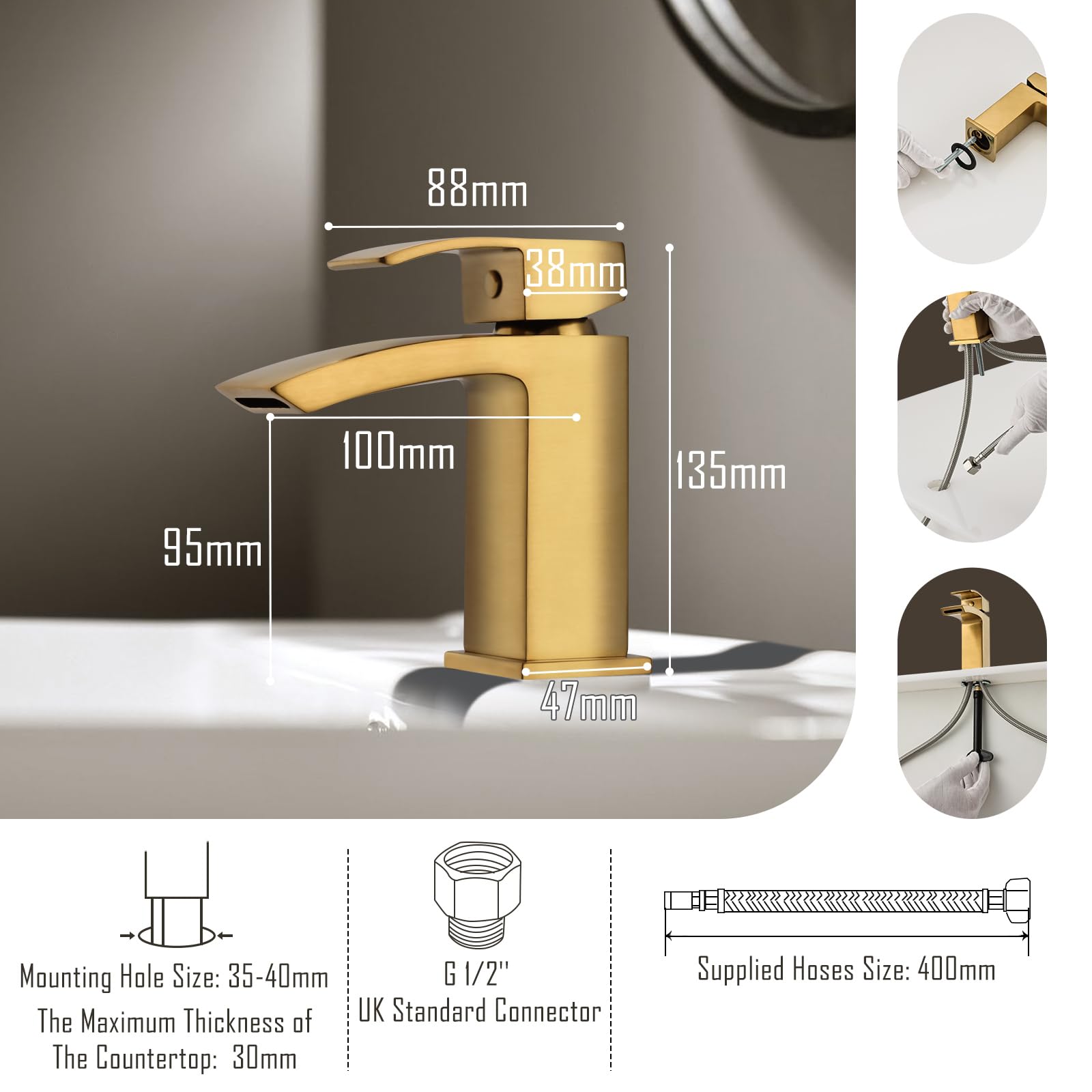 Hapilife Rubinetti per lavabo Miscelatore a cascata con scarico a scomparsa Rubinetti per lavabo da bagno in oro spazzolato Rubinetti miscelatori quadrati oro mono guardaroba rubinetto monoblocco 1