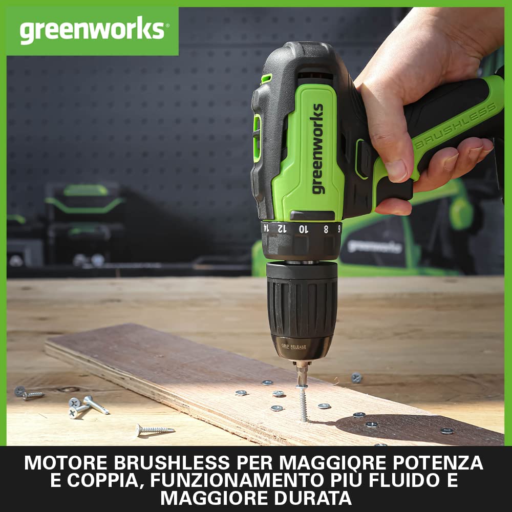 Greenworks GD24DD35K2 Trapano Avvitatore a Batteria con Motore Brushless, 0-1450 giri/min., 2 Marce, 35Nm di Coppia, Batteria 24V 2Ah e Caricabatterie, Borsa, Garanzia 3 Anni