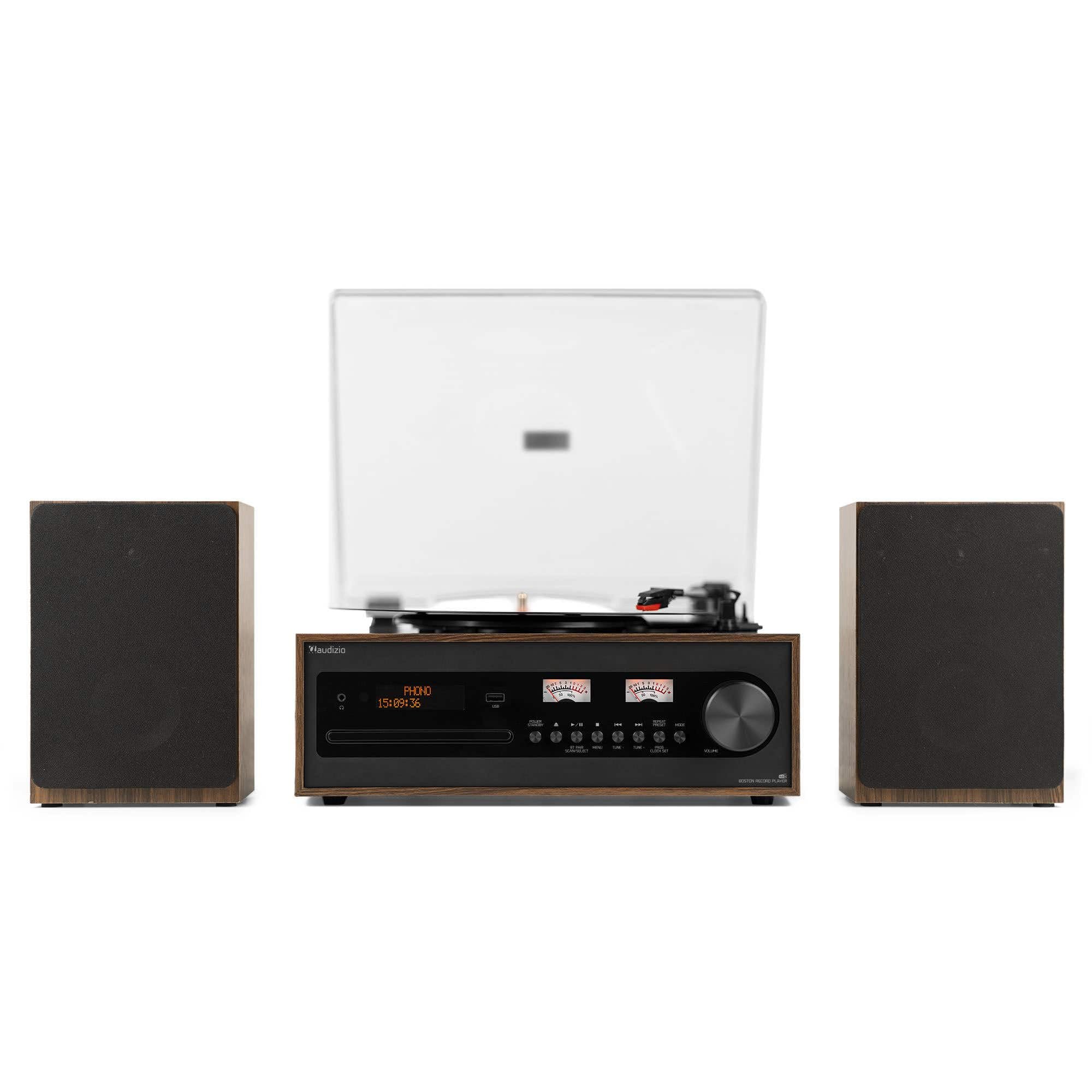 Audizio Boston Retro HiFi Giradischi Bluetooth CD MP3 USB, Radio Dab+, Altoparlanti Stereo, Ingresso AUX, Uscita Cuffie, 3 velocità, Telecomando e Vummetri illuminati