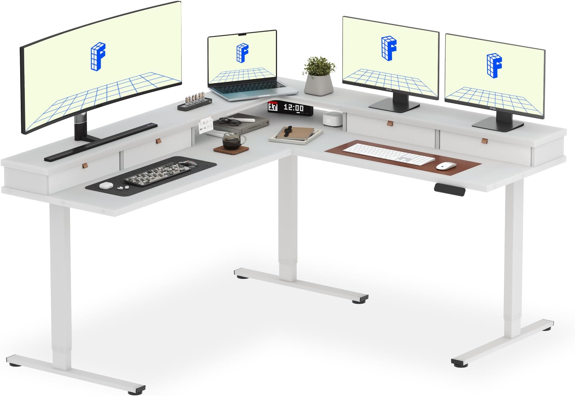 71" Large L Shaped Standing Desk Electric Corner Table with Shelf, 4 Storage Drawers, Adjustable Computer Workstation for Home, Office, Game, Studio, White Top + White Frame