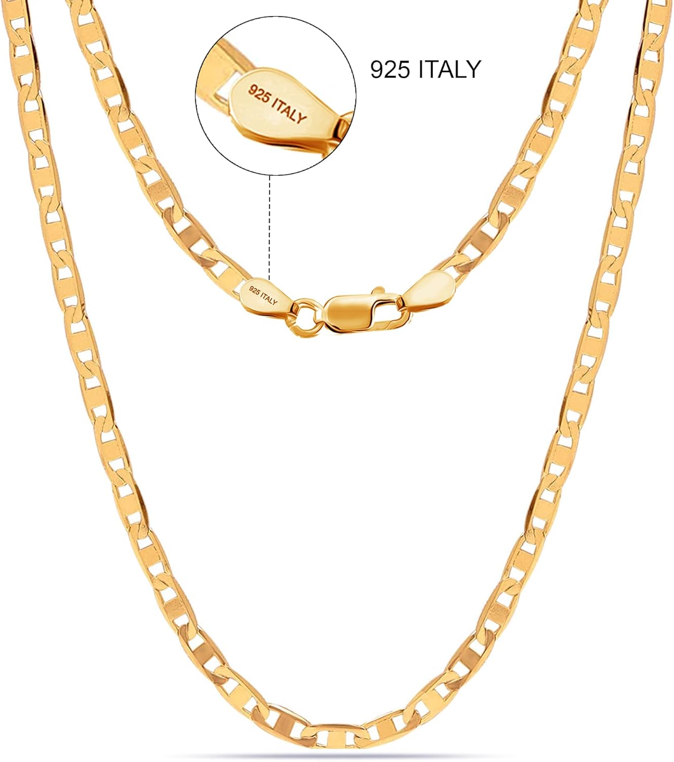 LeCalla 18K Gold Over Sterling Silver Italian 3 MM, 4 MM Mariner Link Chain Necklace for Teen Women and Men (16,18, 20, 22, 24 Inches) 925 Sterling Silver Chain Made in Italy with Lobster-Clasp - Image 4