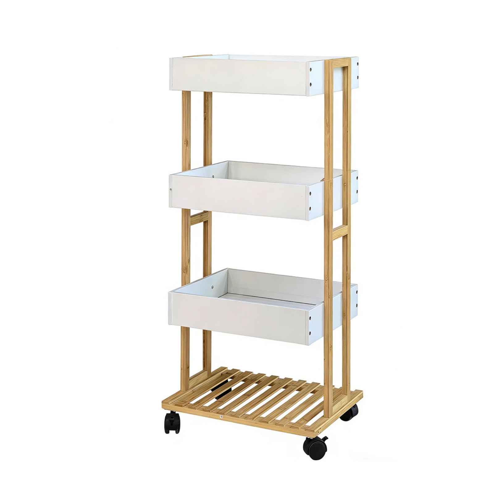 Amagogo Carrello Portasciugamani in Bambù con Ruote Carrello Multiuso Scaffale Verticale Carrello da Servizio Vassoi Rettangolari in Plastica E Ripiano