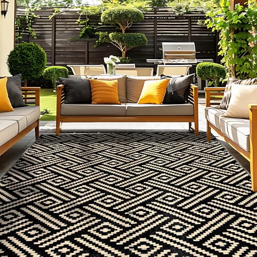 OPPODREAM Outdoor Rug 5x8 Ft, Waterproof Outdoor Plastic Straw Rug for Patio, Reversible Out Door Carpet for Camping, Deck, Rv, 5 x 8 Area Carpet for Balcony, Porch, Backyard, Black and Beige