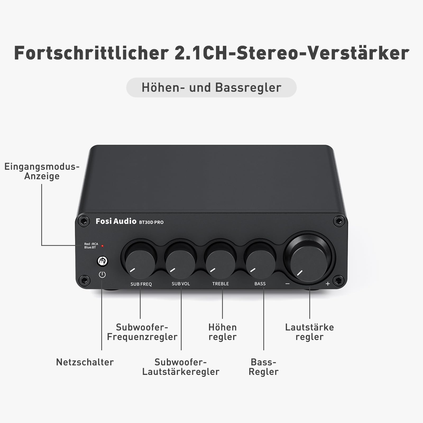 Fosi Audio BT30D Pro Bluetooth Verstärker 2.1 Kanal, Mini HiFi Verstärker TPA3255 165W x2+350W Bass-Höhenregler
