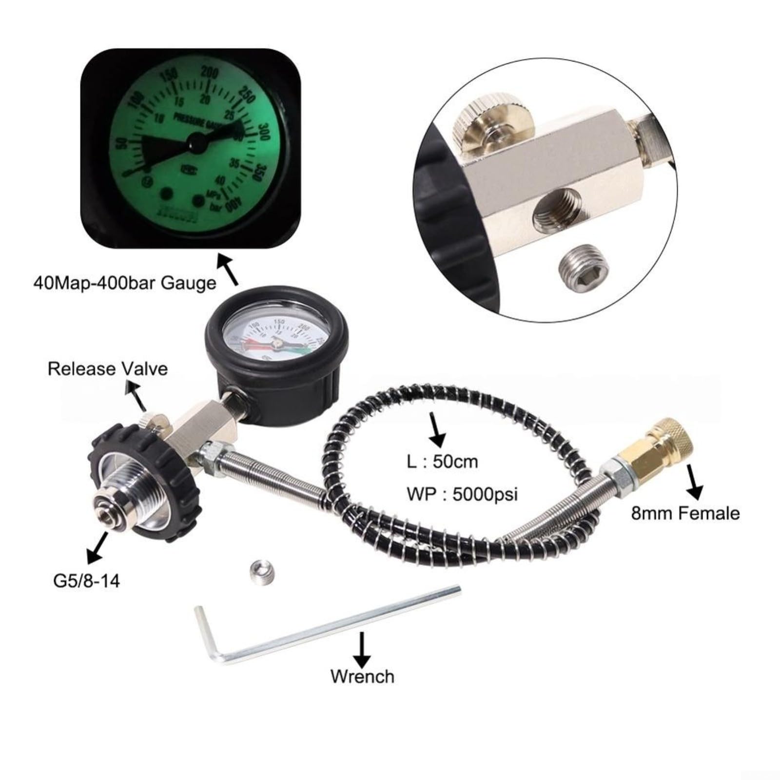 Manometro DIN per immersioni subacquee, 400 bar, 5000 psi, adattatore G5/8-14 con quadrante luminoso e tubo da 50 cm per ispezione valvola di riempimento cilindro, nero
