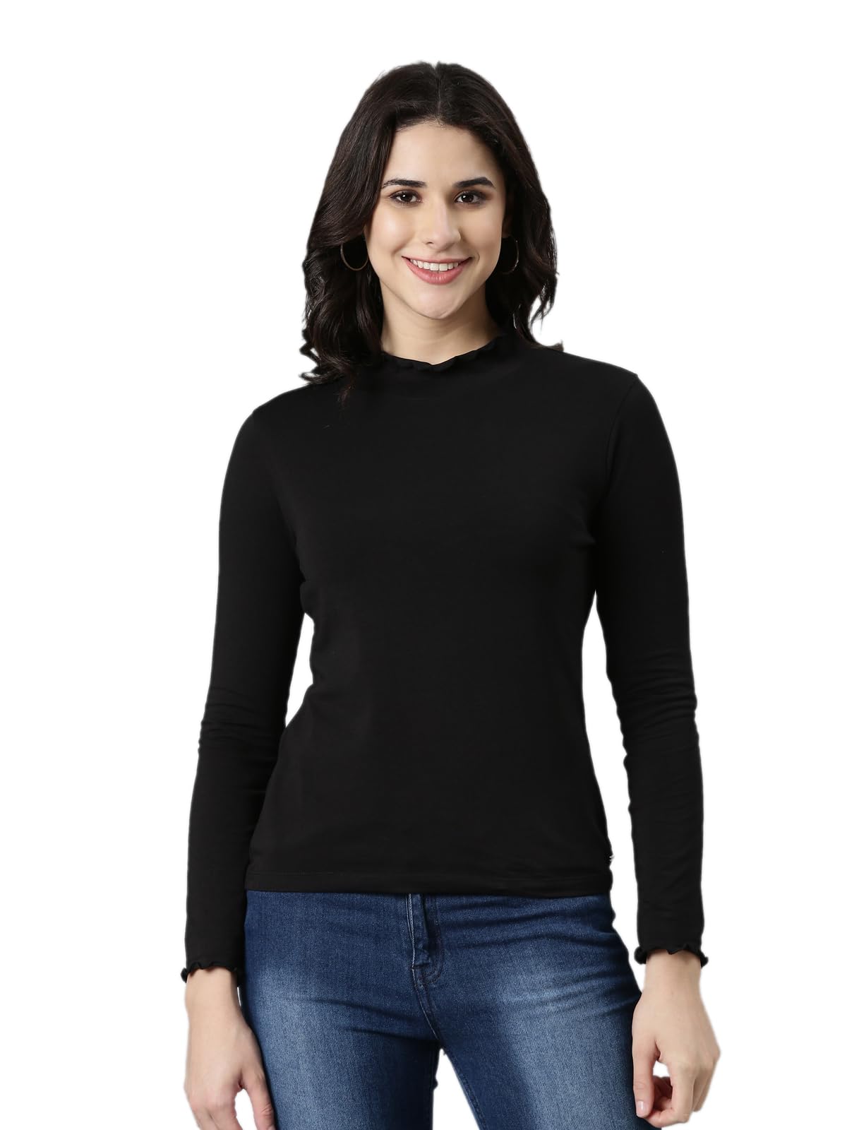 Stylish High Neck Cotton Frill Tees/T-Shirt/Tops with Full Sleeves for Women