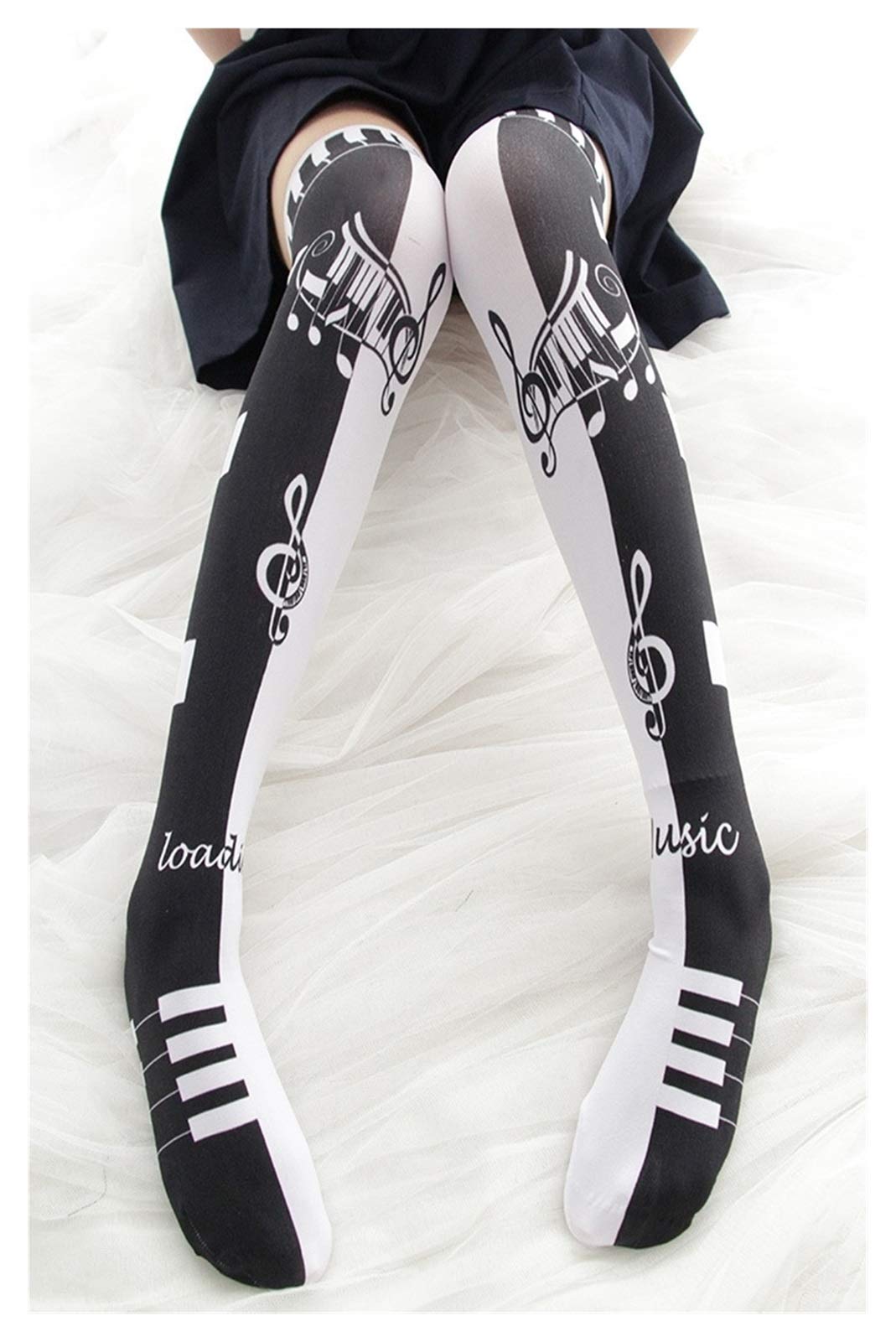 Original Lolita Black White Key Note Drucken High Socken Langlauf-Knie-Socks Warm (Color : Black)