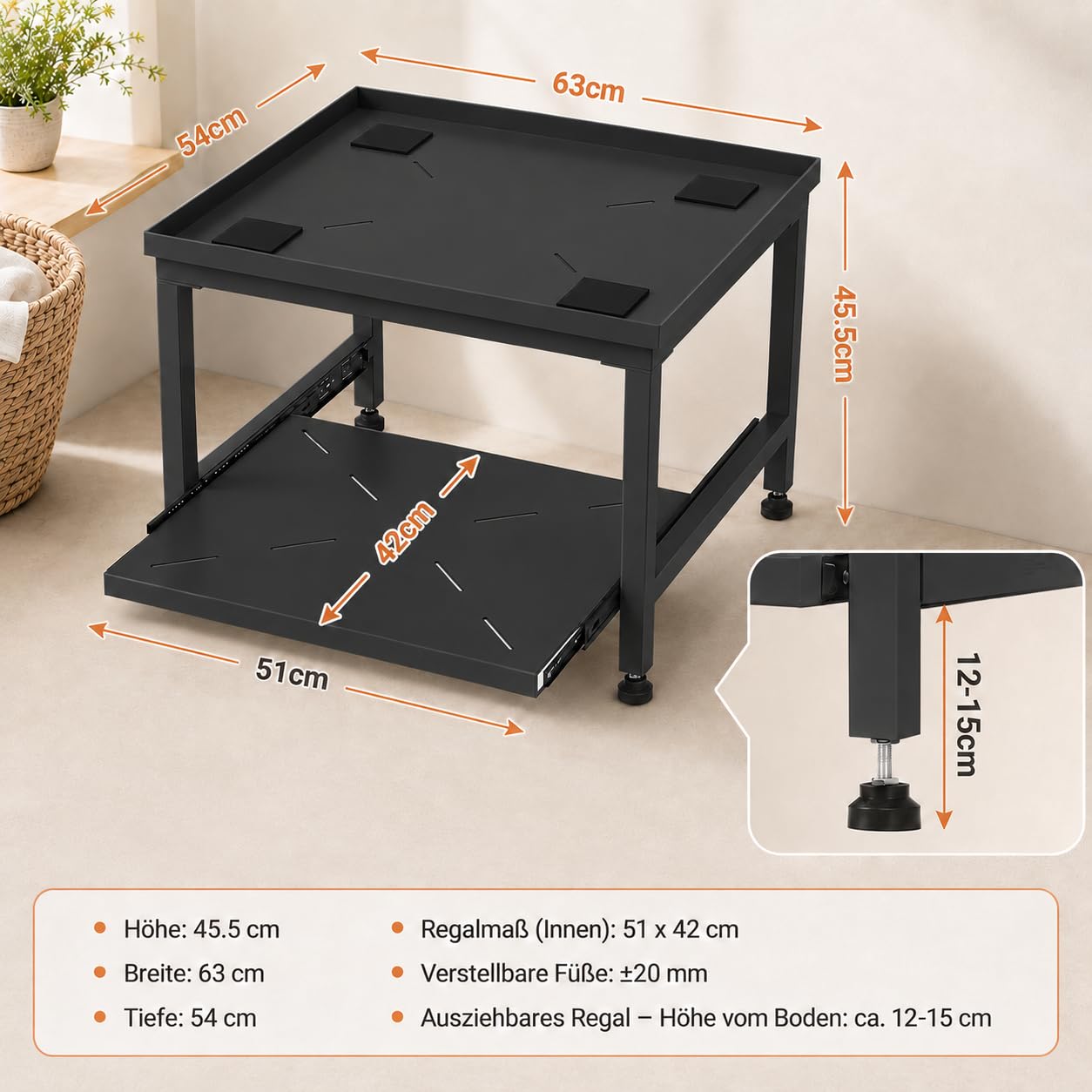 Soporte para lavadora de 45,5 cm, 200 kg, color negro | Marco de acero con almohadillas antivibración, pies ajustables y superficie de almacenamiento