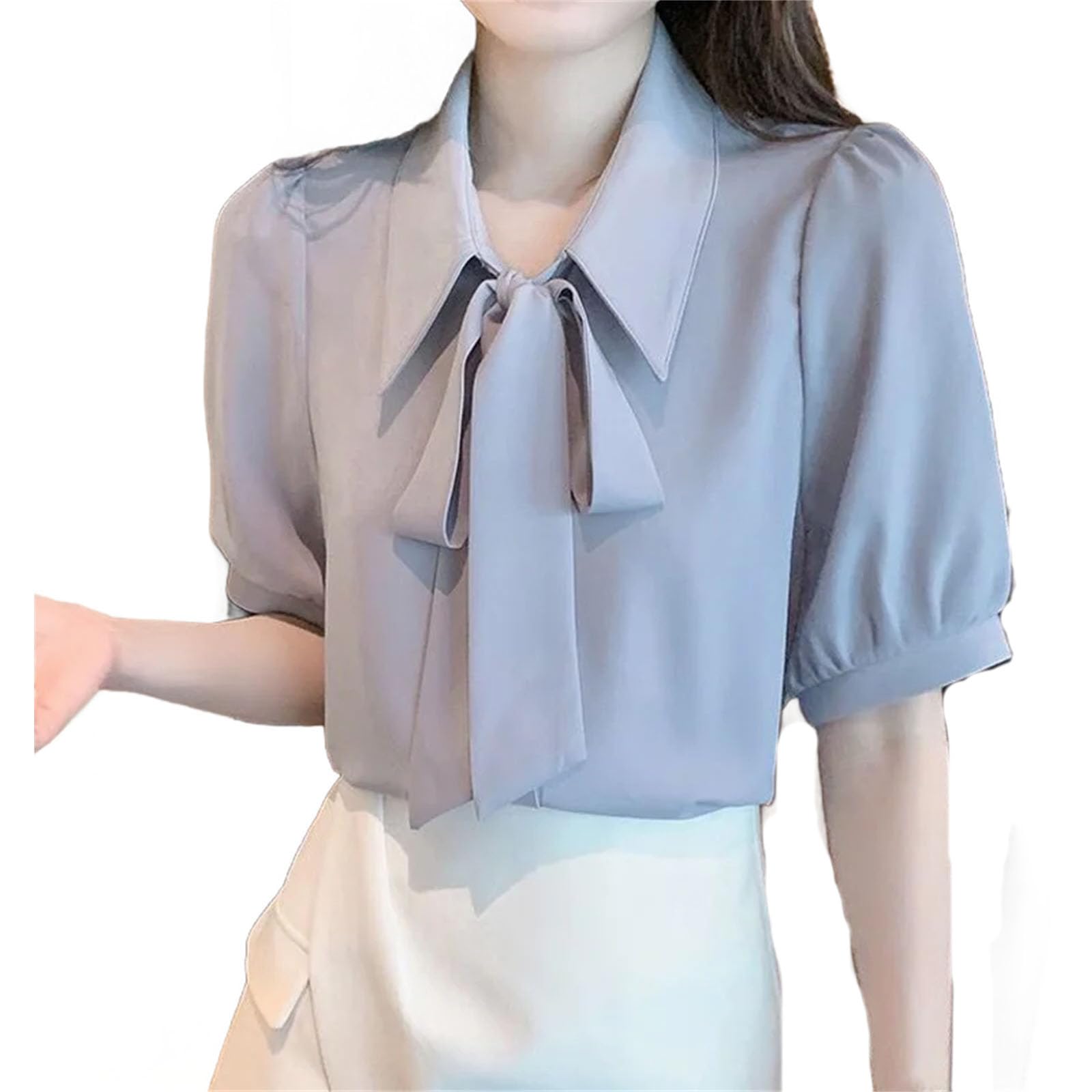 Elegante camisa de manga corta con lazo blanco, blusa suelta, de color liso, para mujer