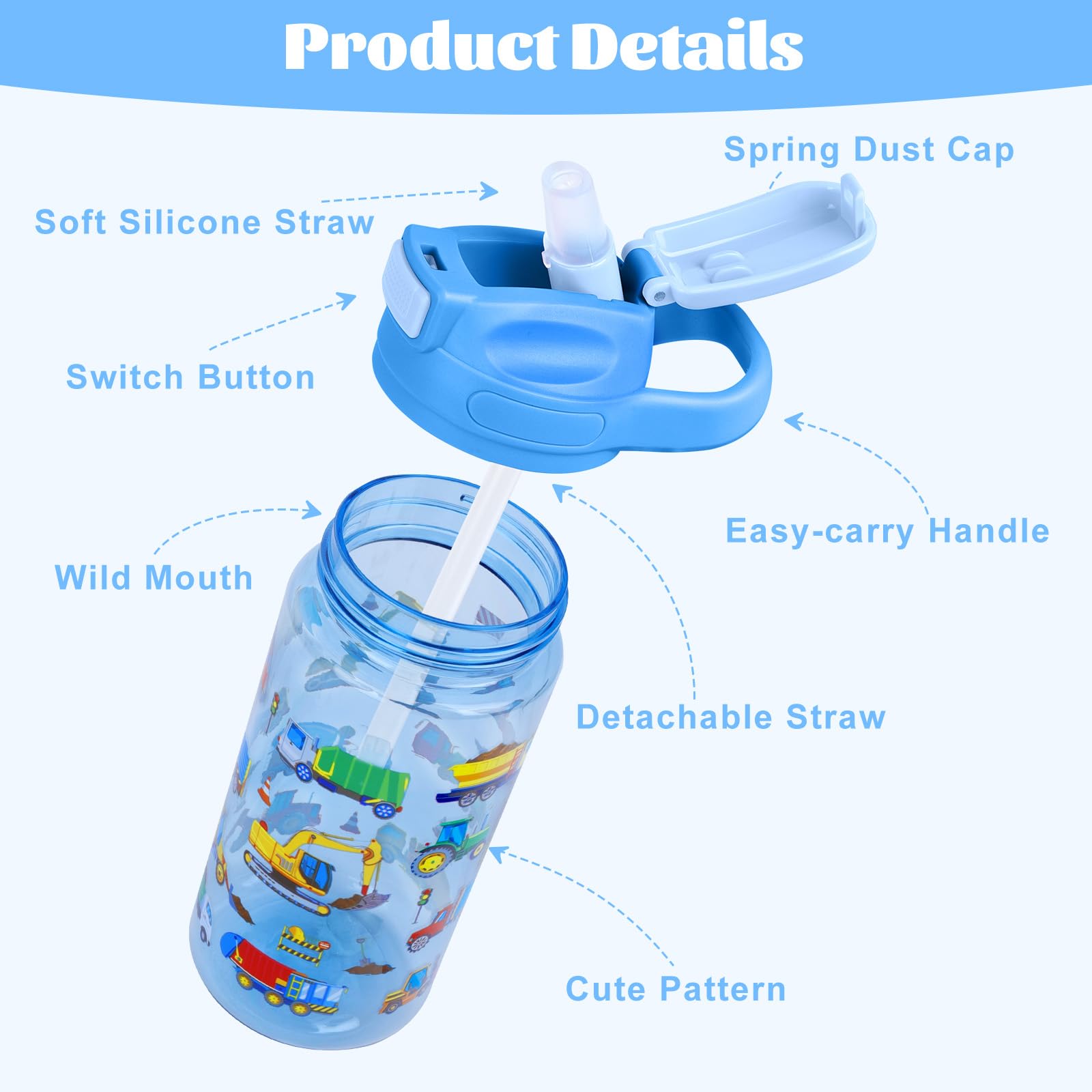 Gourde Enfant Anti-Fuite 480ml avec Paille et Poignée Sans BPA Bouteille Sport École