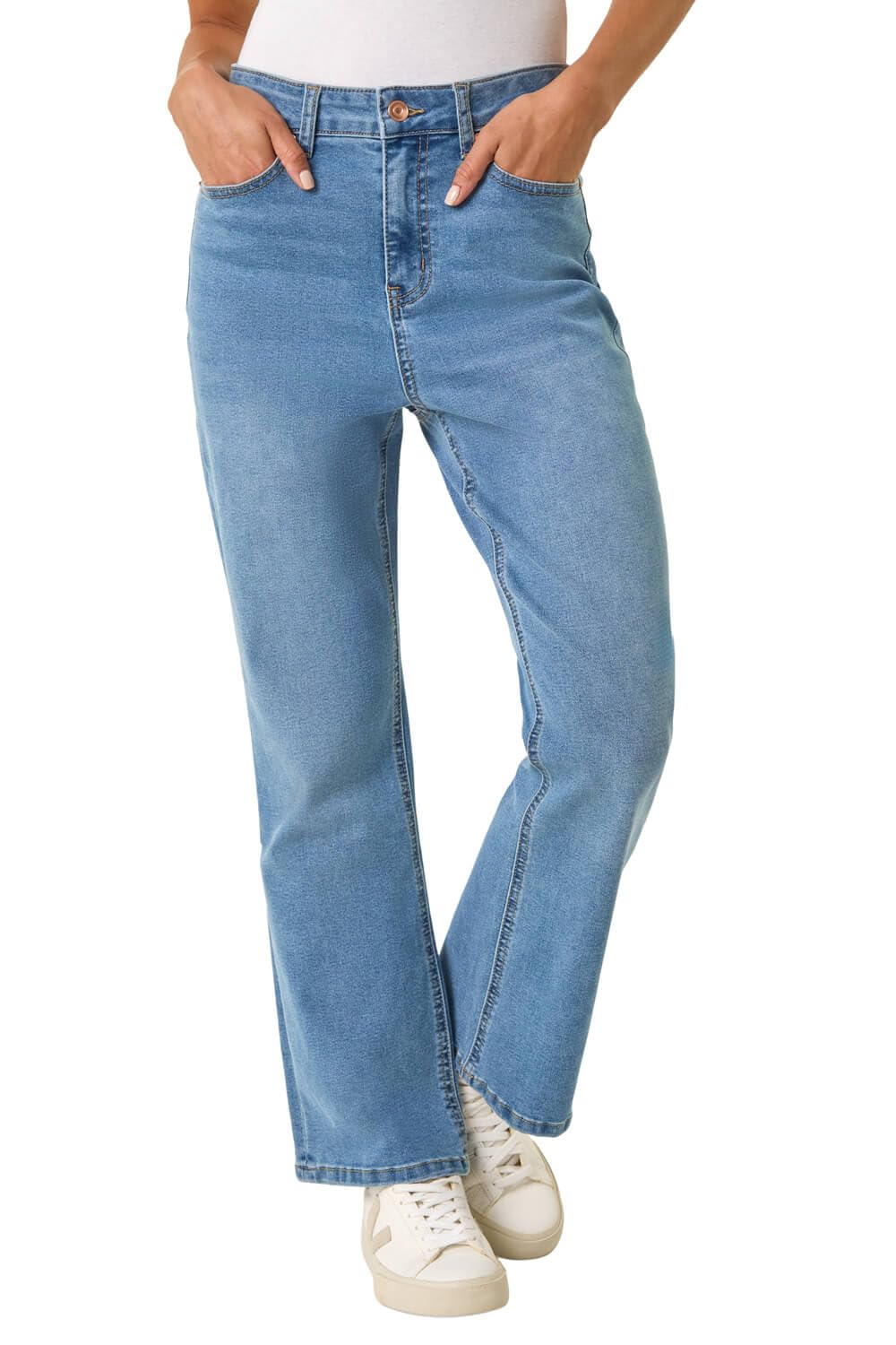 Roman Women's Mid Blue Petite Bootcut Stretch Jeans In Size 18