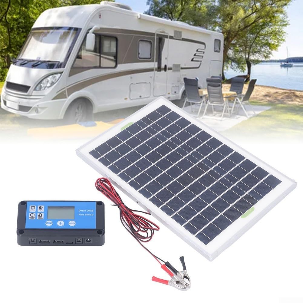 Kit pannello solare policristallino da 20 W con regolatore di carica da 10 A per la ricarica della batteria da 12 V in ambienti esterni e luoghi di lavoro (include controller)