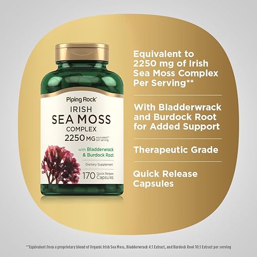 Miniatura 4 de Piping Rock Cápsulas de musgo marino irlandés | 2250 mg | 170 unidades | Complejo con vejiga y raíz de bardana | Suplemento sin OMG, sin gluten