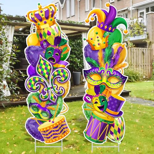 Beeveer 2 Pcs Mardi Gras Yard Sign with Stake Outdoor Carnival Lawn Decorations Waterproof Welcome Crown Carnival Decor Party Yard Signs for Festive Masquerade Home Garden Pathway Supplies