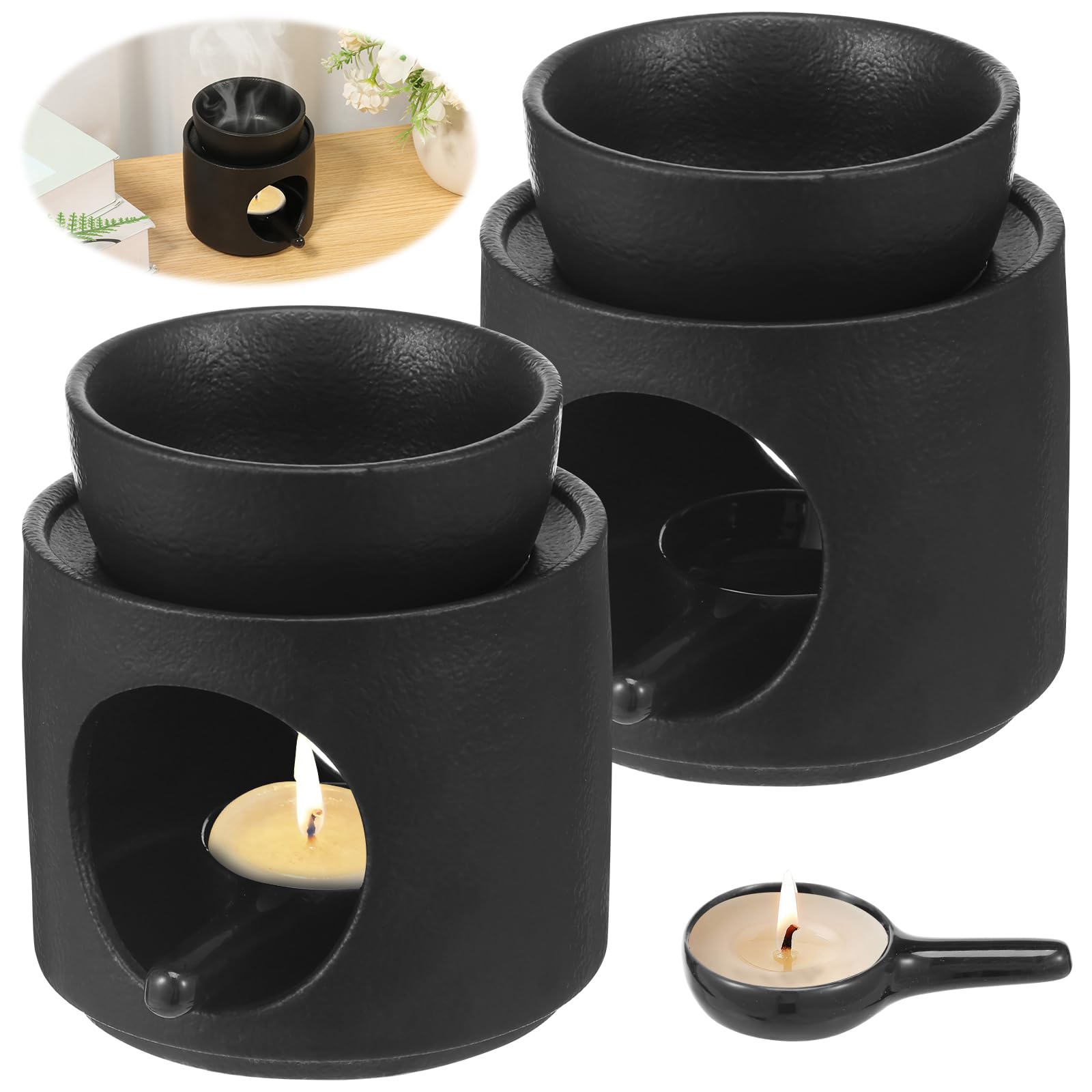 2Pcs Aroma Diffuser Essential Oil Burner,Ceramic Tealight Candle Holder Wax Melt Oil Burner with Candle Spoon Incense Aroma Diffuser Furnace Home Decoration Romantic (Black)