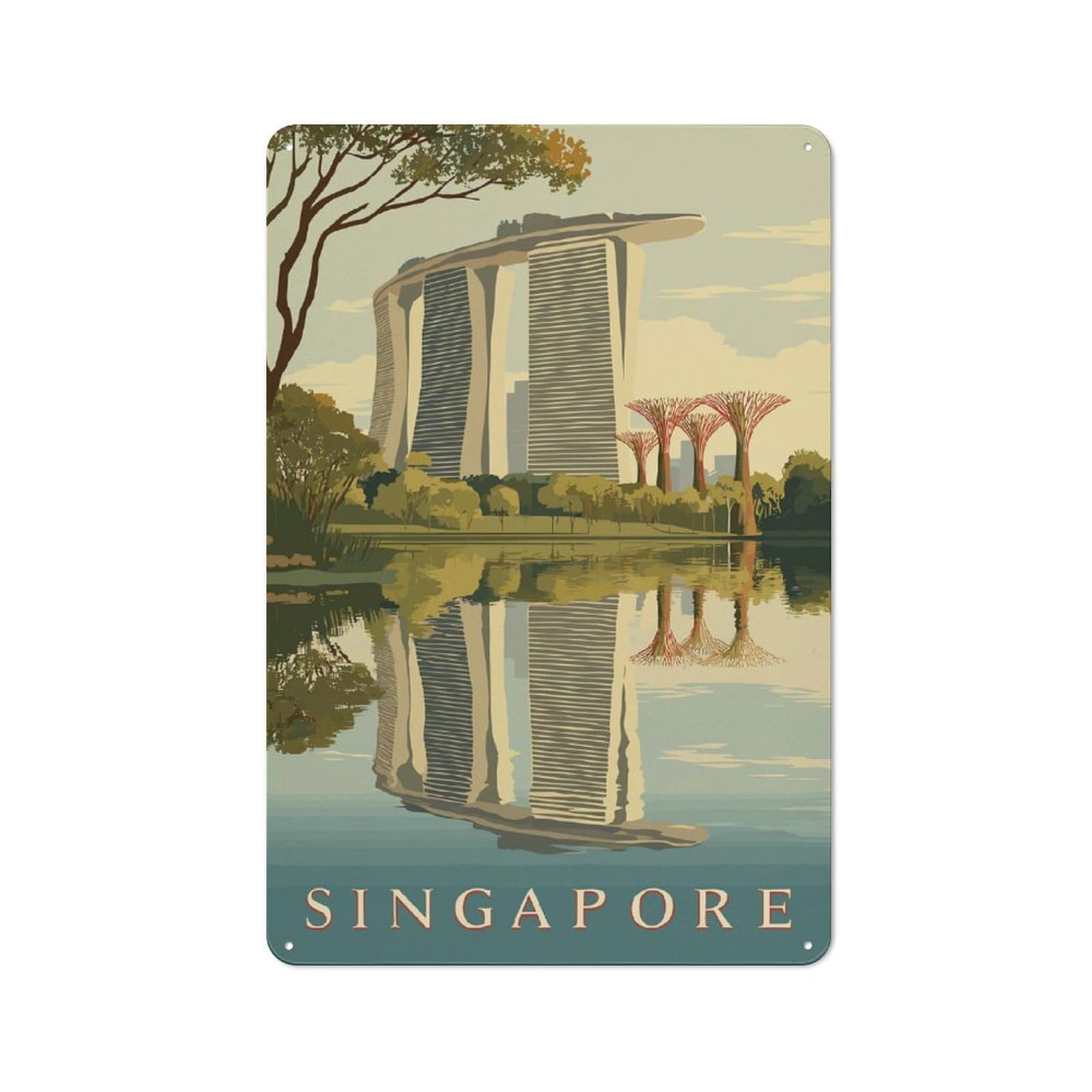 Junmoney Style-17 Retro Metal Wall Sign 30X20cm With Singapore Skyline With Marina Bay Sands For Home Bar Wall, A Decorative Gift For A Newly Furnished Home Bar