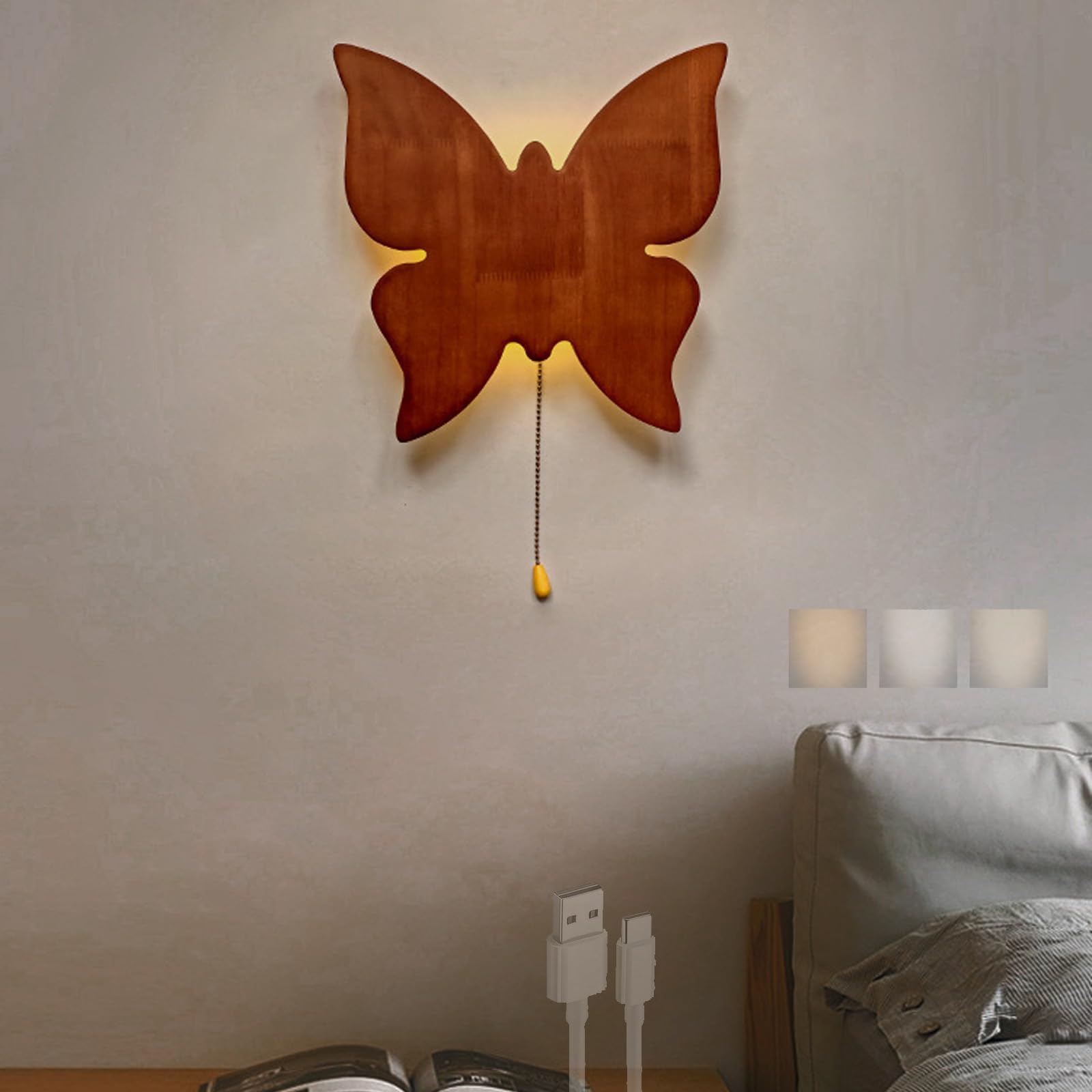Akumulatorowe lampy ścienne LED z wyłącznikiem pociągowym, 3 temperatury barwowe, ściemniane, nowoczesne oświetlenie ścienne, ładowane przez USB, do wnętrz, do pokoju dziecięcego, salonu