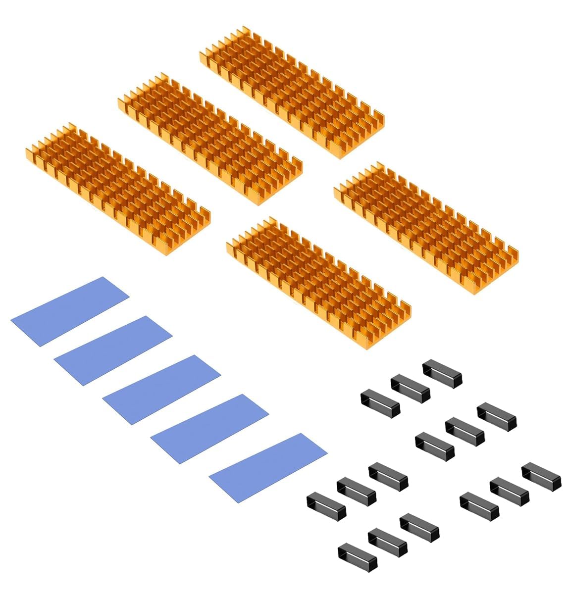 Tobo M.2 ssd Heatsink with Conductive Adhesive Sheet for Heat Rastering Countermeasure Cooling Radiator Fin CPU IC Chip Circuit Board LED Amplifier Aluminum TD-1037PC (Pack of 5, Golden)