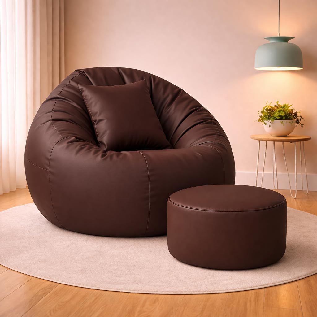 4XL Tear Drop Bean Bag Chair with Footrest & Pillow | Premium Leatherette Bean Bag Cover (Without Beans) Upto 150 Kg Capacity | Living Room Lounger (Brown, XXXXL)-picture-11