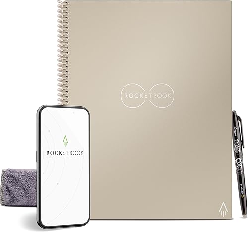 Rocketbook - Cuaderno inteligente reutilizable ecológico, incluye 1 bolígrafo Pilot Frixion y 1 paño de microfibra, rayado, tamaño carta, arena