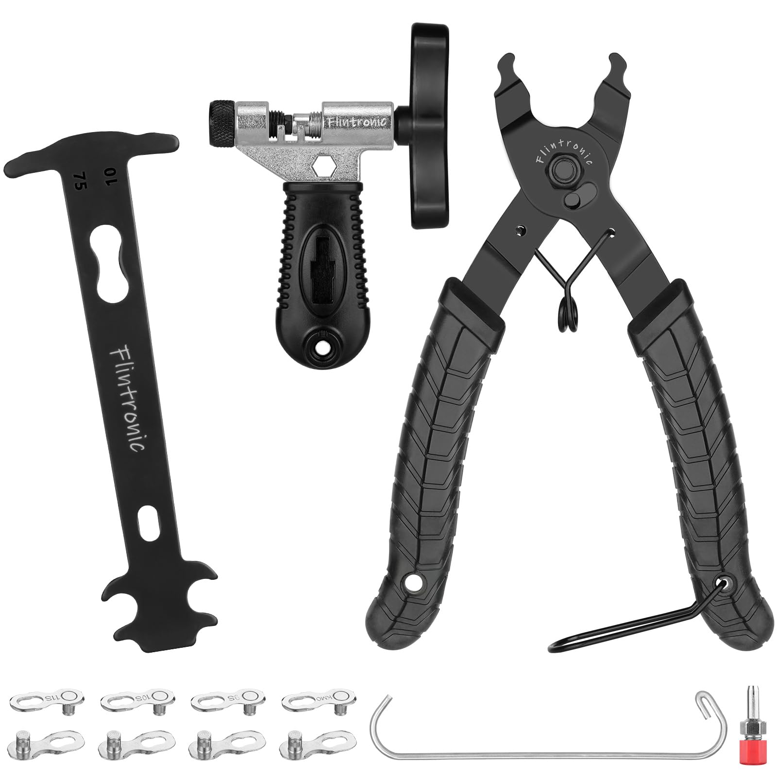 flintronic Zestaw narzędzi do łańcucha rowerowego, 4-w-1 zestaw narzędzi do łańcucha rowerowego, szczypce do łańcucha rowerowego+wskaźnik zużycia łańcucha+szczypce do łańcucha rowerowego+4 pary