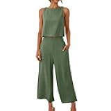 maisdgop Summer Outfits for Women Comfy Sleeveless Tank Crop Button Back Top Capri Wide Leg Pants Linen Sets with Pockets
