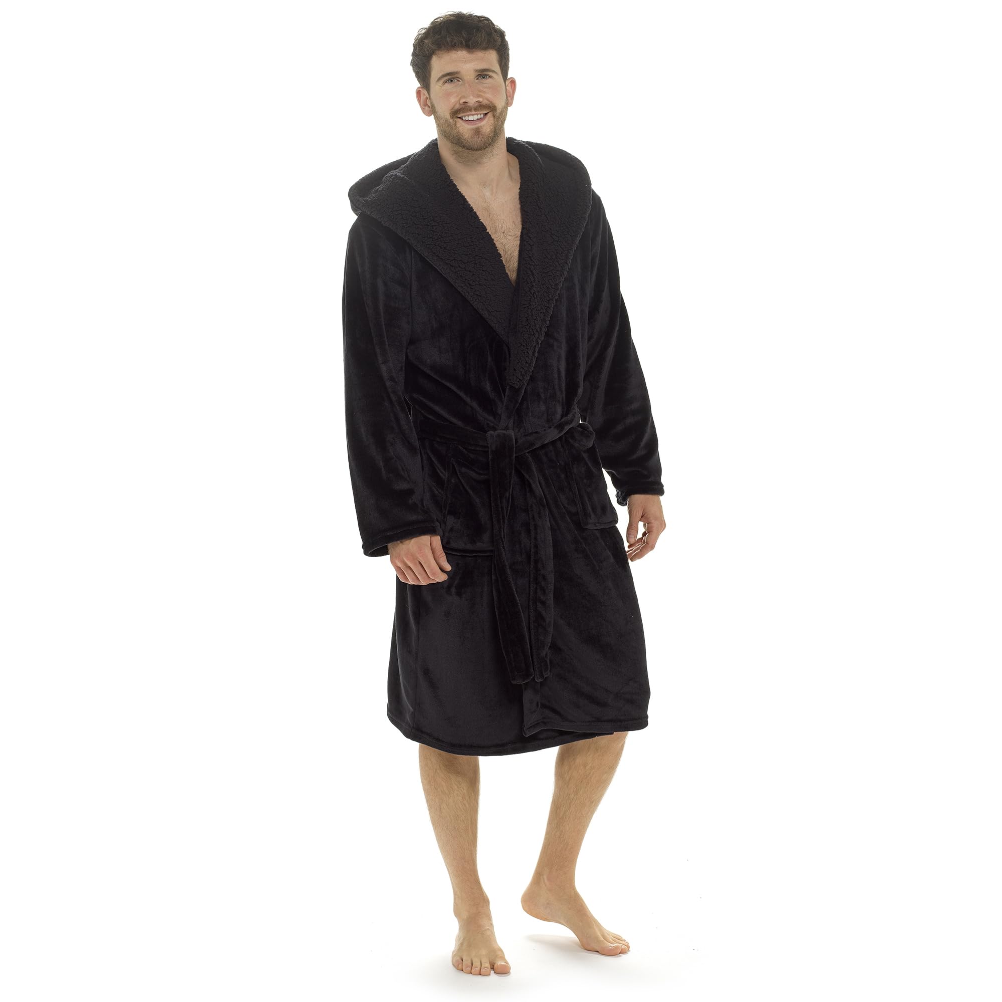 Undercover Men's Black Sherpa Trim Hooded Dressing Gown Ht008a Black 2XL