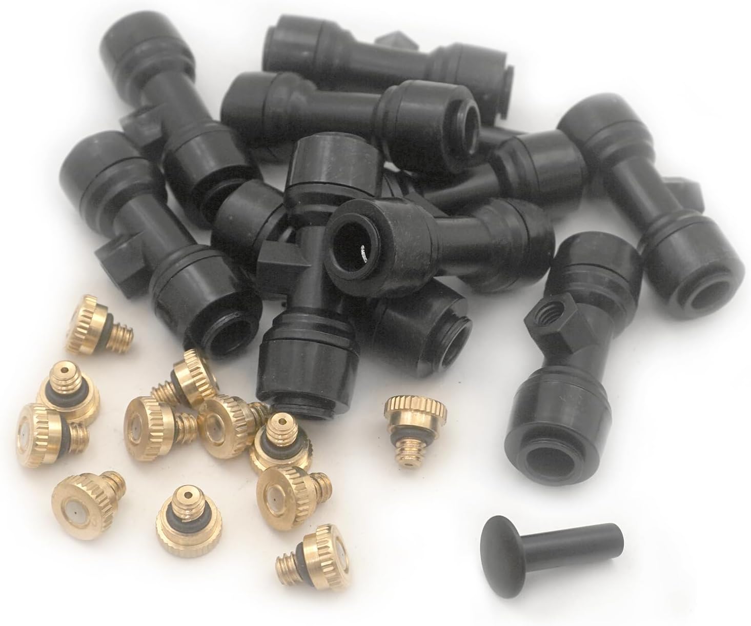 Zeqeey0.3 mm 10/24 UNC Brass Misting Nozzles Replacement Connector Kit with End Plug for Garden Outdoor 1/4 Inch Cooling System Tubing, 0.012 Inch Orifice