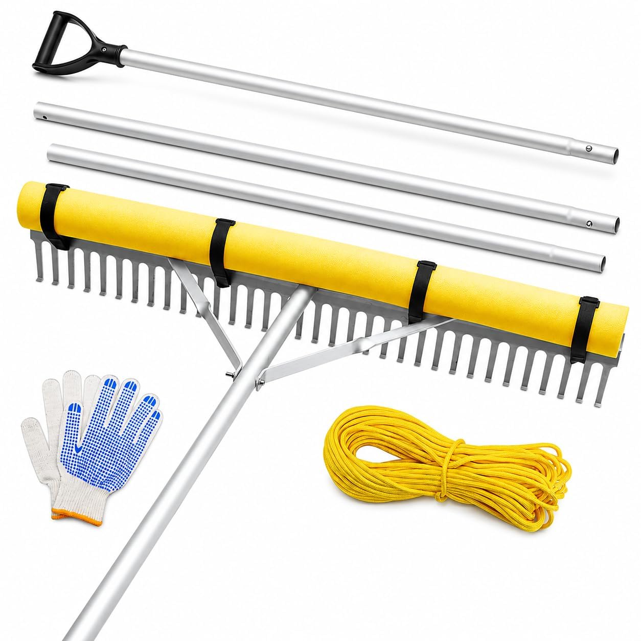 Pływające grabie do jeziora 91 cm, aluminiowe narzędzie do usuwania chwastów i glonów z przedłużeniem 250 cm i linką o długości 15,8 m dla efektywnego czyszczenia jeziora