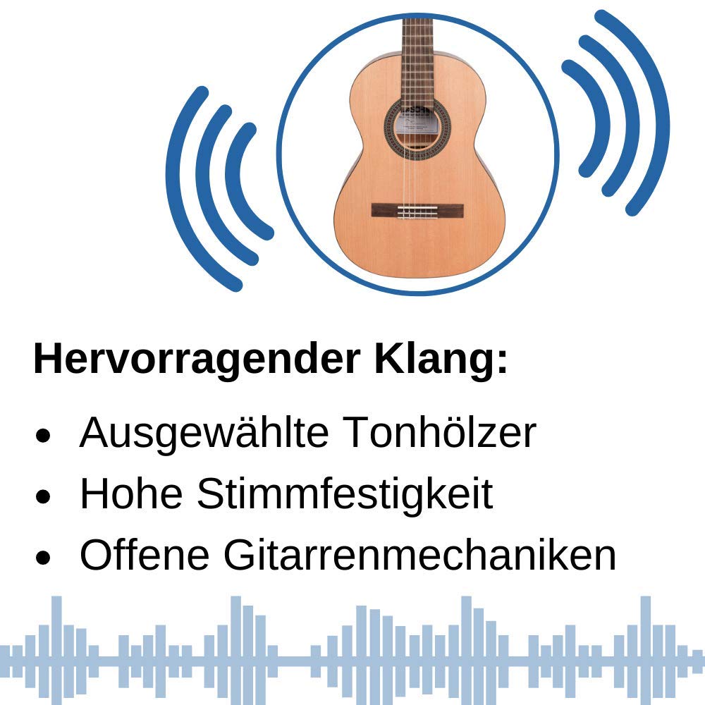 CASCHA 4/4 Konzertgitarre Starter Set I Hochwertige Gitarre für Anfänger und Kinder ab 10 Jahren I Akustik Gitarre mit Tasche Plektren Stimmgerät und Lehrbuch mit QR-Codes I Perfekte Größe 4/4