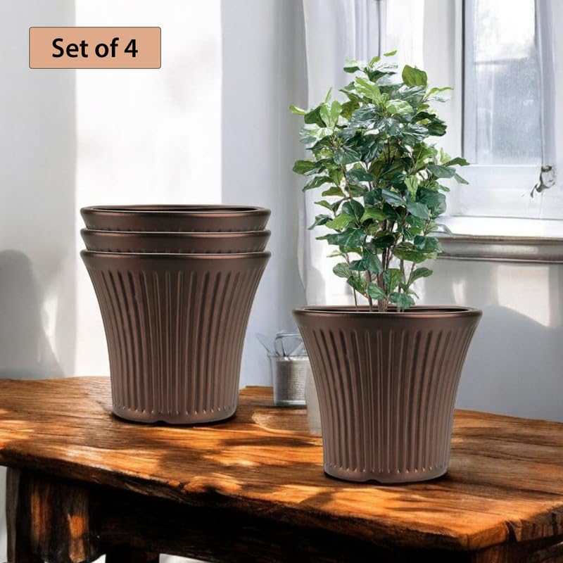 Image of GARDENS NEED 10 Inches Tancy Round Flower Pot | Set of 4 | Brown | Plastic Planter Pots for Indoor & Outdoor Home, Office & Balcony Decoration