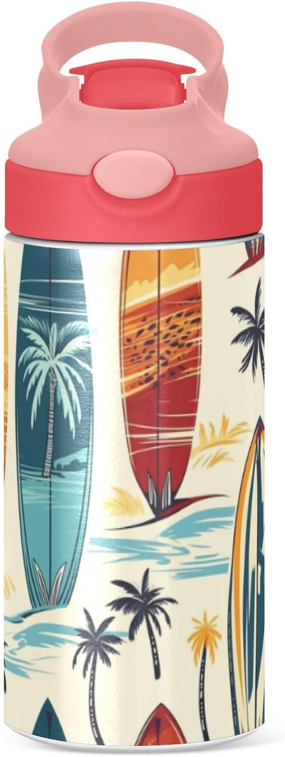 Surfboard Kids Water Bottle with Straw Lid 12oz Stainless Steel Cup Insulated Tumbler for Toddlers Girls