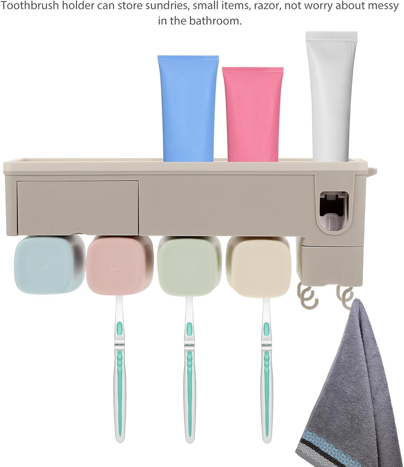 NUOBESTY Automatic Toothpaste Dispenser Toothbrush Holder Wall-Mounted Bathroom Organizer with Toothbrush Slots and Razor Stand Space-Saving Adhesive for Residential and Hospitality Use