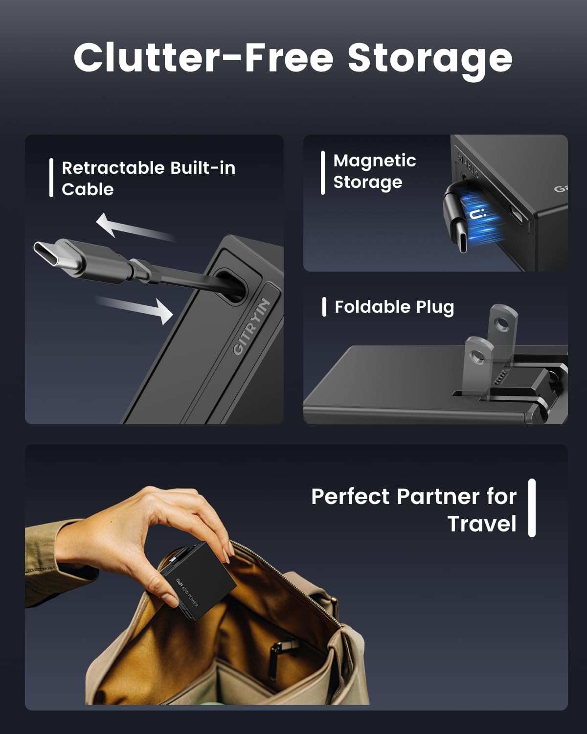 Gitryin 4 65W Type-C Retractable Wall Chargers and 1 Power Strip, 12-in-1 Desktop Charging Station