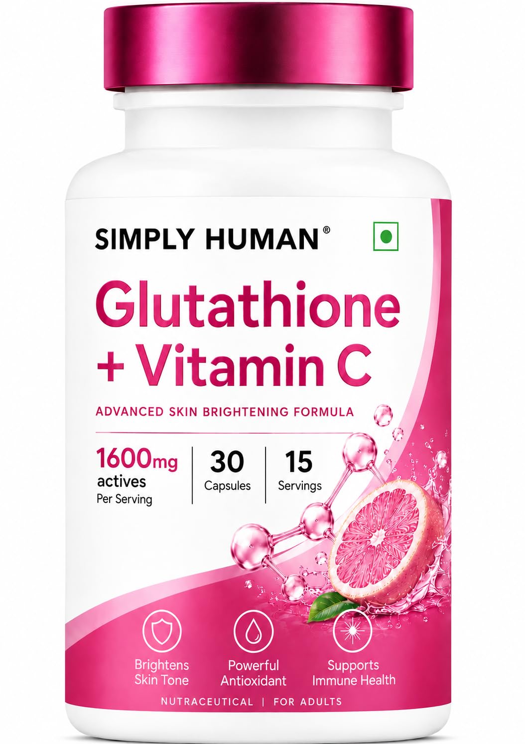 Simply Human® Glutathione + Vitamin C Capsules for Skin Brightening & Glow | Powerful Antioxidant & Immune Support | 30 Veg Capsules