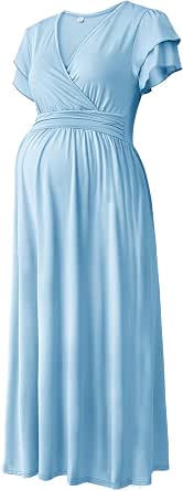 Women Maternity Maxi Dress V Neck Summer Long Flowy Casual Pregnancy Dresses for Baby Shower & Photoshoot