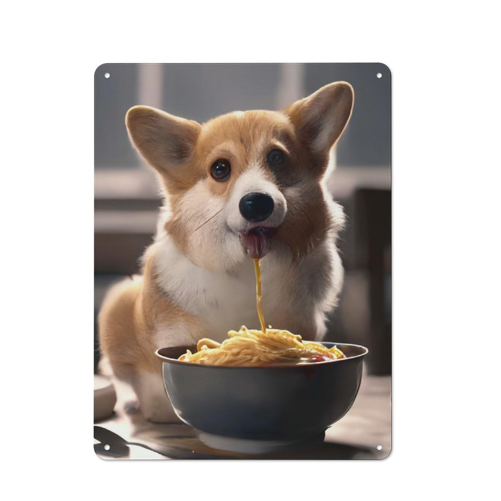 Corgi Dog Eating Ramen Metal Wall Plaque 40x30cm, Simple Retro Office Wall Decor for Office, Study, Studio Or Hallway
