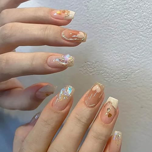 Aeeo - Uñas postizas a presión cuadradas medianas, francesas, uñas postizas de gel de cobertura completa con diseños bonitos, uñas postizas disponible en Yaxa Colombia