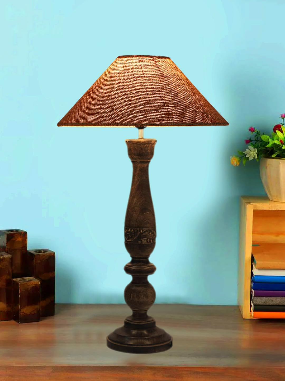 Devansh Coolie Beige Jute Shade Lamp with Wood Base for Decoration/Office/Home/Gifting/Study for Office/Home/Gifting -(13x13x21) Inches - 1