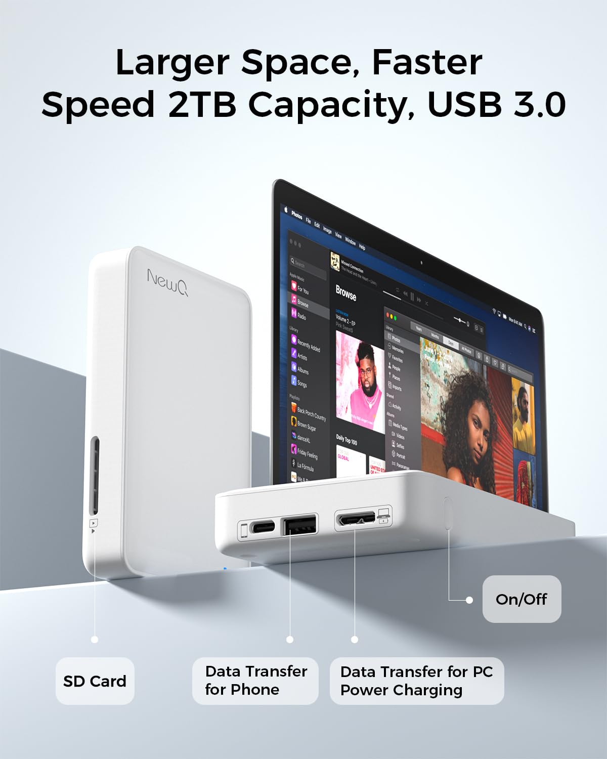 NEWQ Disco rigido esterno da 1 TB per iPhone, dispositivo di archiviazione foto compatibile con USB-C e Lightning, backup di foto/video con un clic per liberare spazio sul telefono, supporto